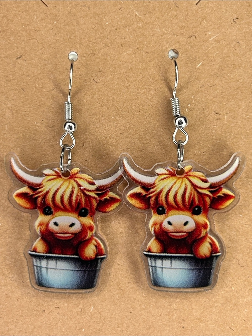 Cute Orange Highland Cow Drop Earrings 2D Acrylic Fashion Jewelry
